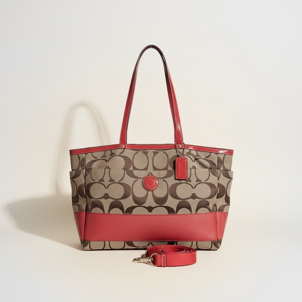 Coach Signature Tote Coral Red Leather Trim Work Laptop Bag